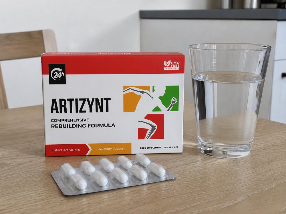 Photo illustrative d’ArtiZynt avec un verre d’eau et des capsules
